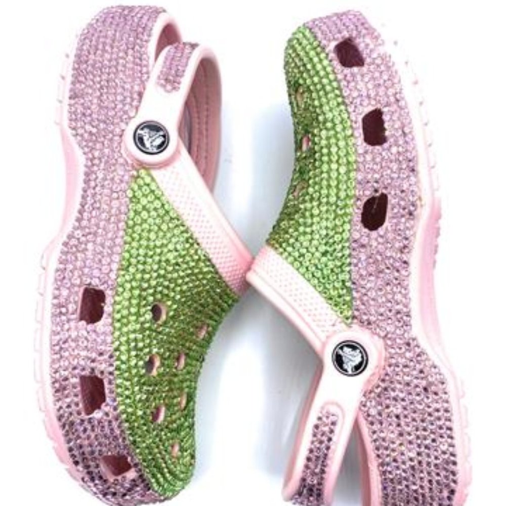 Bling Green Rhinestones Studded Customized Pink Clogs Adults - Picture 4 of 9